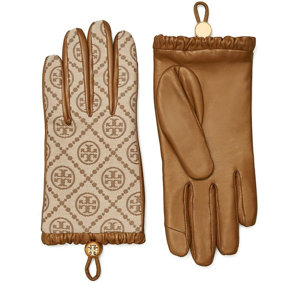 Tory Burch 84663 $298 T Monogram Toggle Gloves Hazel/Bistro Brown Sz 8 N…
